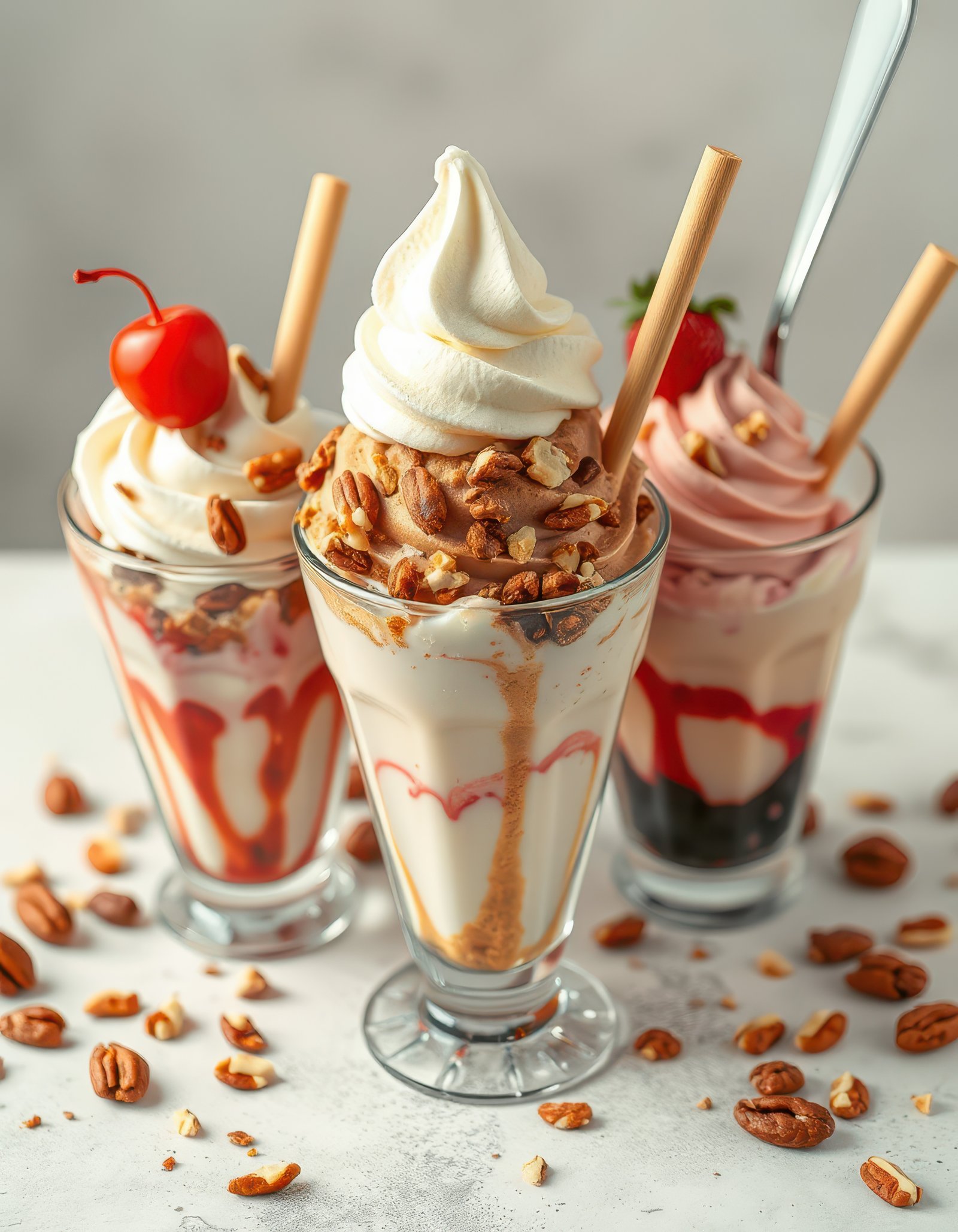 Delicious ice cream sundaes served in elegant glasses with toppings and cherries on top at a dessert parlor